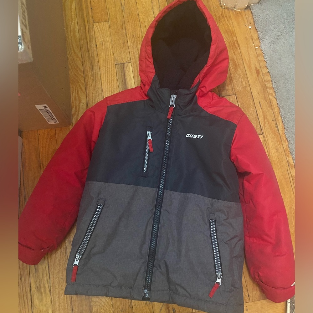 Gustin Red & Gray Kids Puffer Jacket with Hood
